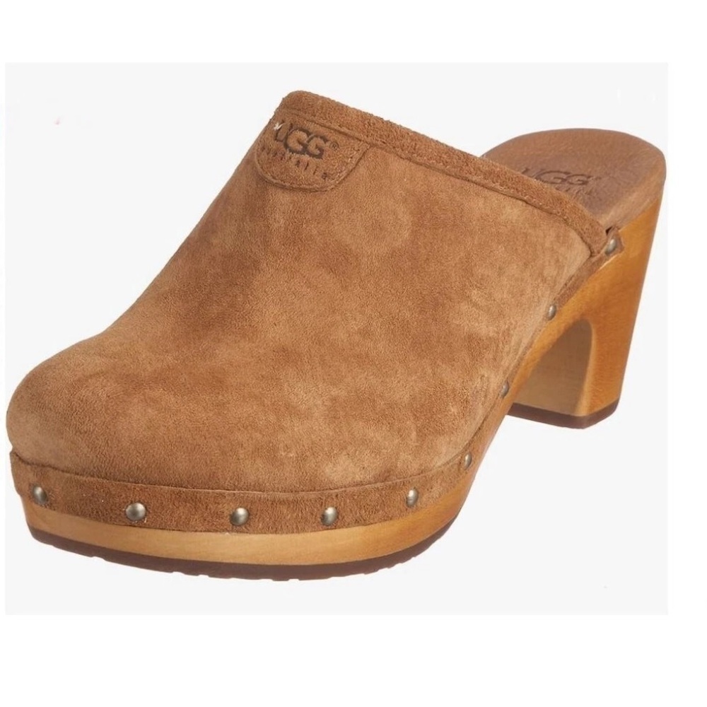 UGG Abbie Leather Suede Sheepskin Mules Clogs Chestnut Sz 10 New